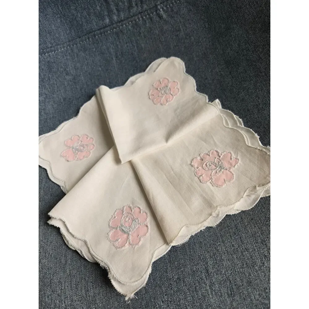 Set of 4 Vintage Hand Embroidered Napkins Handkerchiefs White Pink Floral
